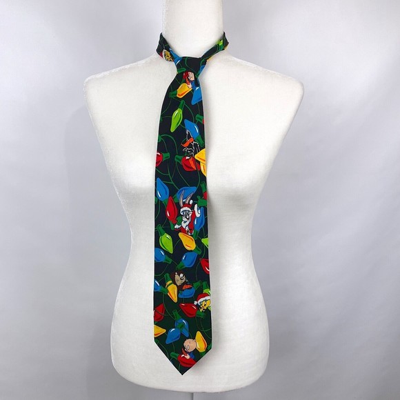 VTG 1994 Looney Tunes Mania Looney Tunes Characters in Christmas Lights Necktie - Picture 8 of 8